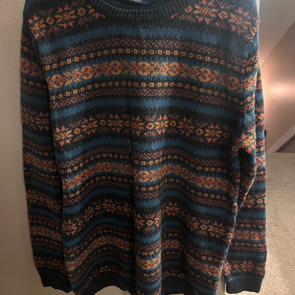 Pull&Bear Men's XL Striped Crewneck Sweater - Black, Orange, Blue